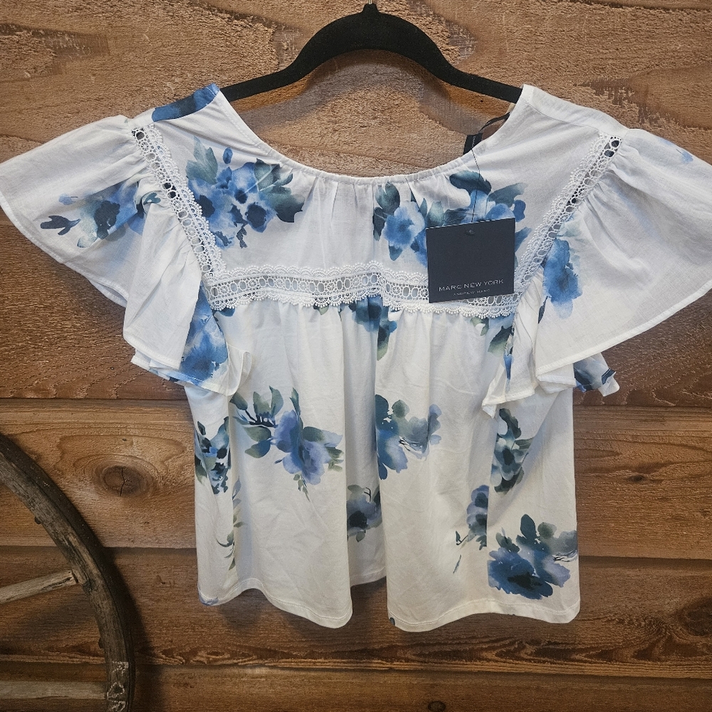 Marc New York Blue and White Ruffled Off-the-Shoulder Blouse